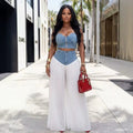 Women's Patchwork Denim Wide Leg Pants Two-Piece Set