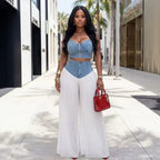 Women's Patchwork Denim Wide Leg Pants Two-Piece Set