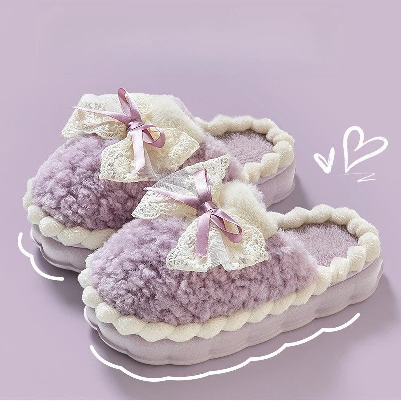 Women's Plush Bow Slippers Non-Slip Winter Indoor House Shoes