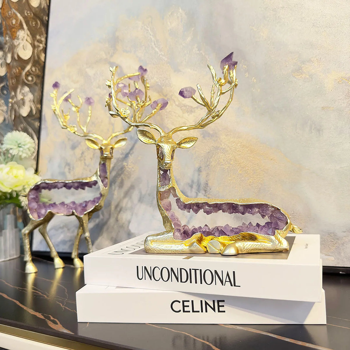 Golden Deer Crystal Figurine and Amethyst Statue