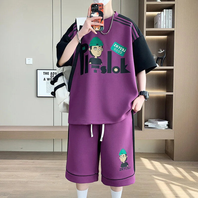 Men's Casual Printed Short Sleeve T-Shirt and Shorts Two Piece Set