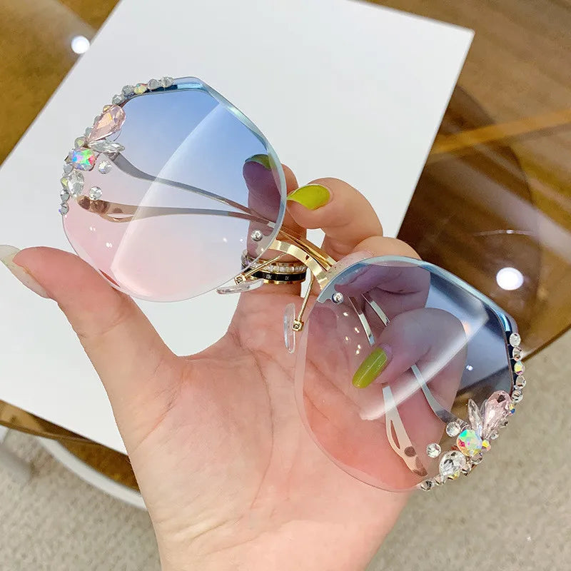 Women's Trendy Diamond Cut Edge Rimless Oversized Sunglasses