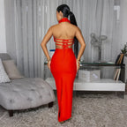 Women's Flower Halter Neck Long Sleeve Evening Party Dress 31801