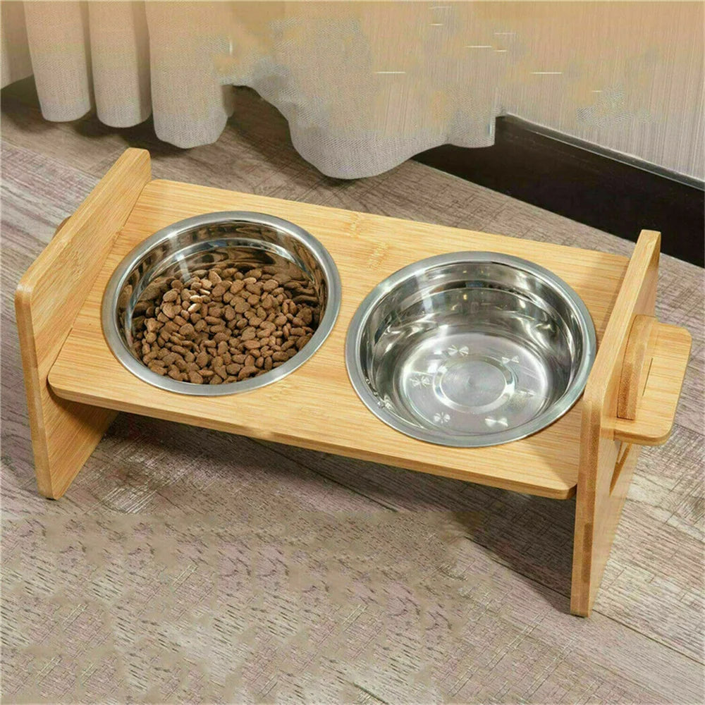 Adjustable Elevated Dog Bowls with 2 Stainless Steel Bowls and Bamboo Stand