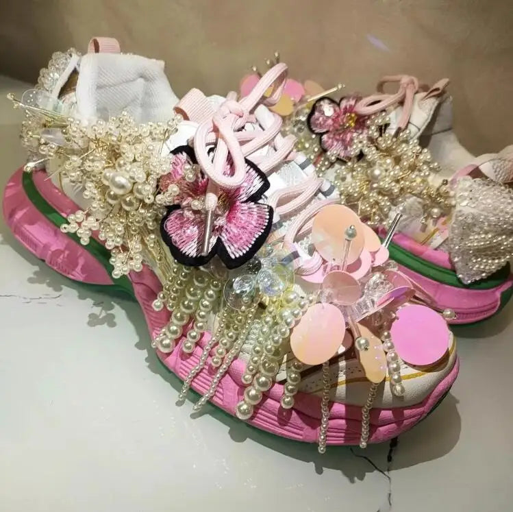 Women's Floral Pearl Beaded Tassel Daddy Sneakers C55-1