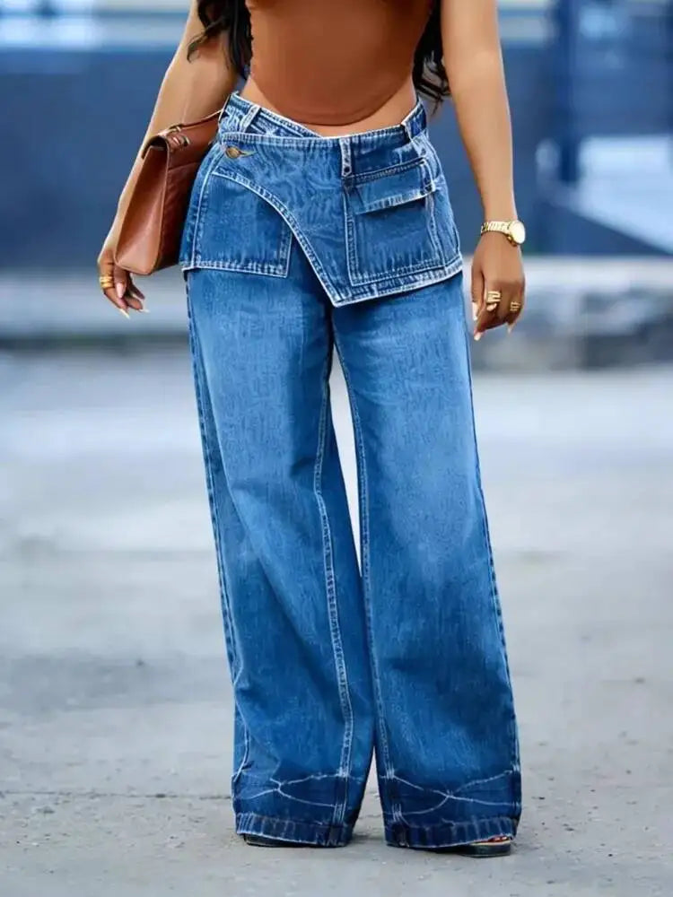 Women's Wide Leg Jeans High Waist Layered Denim Pants Blue