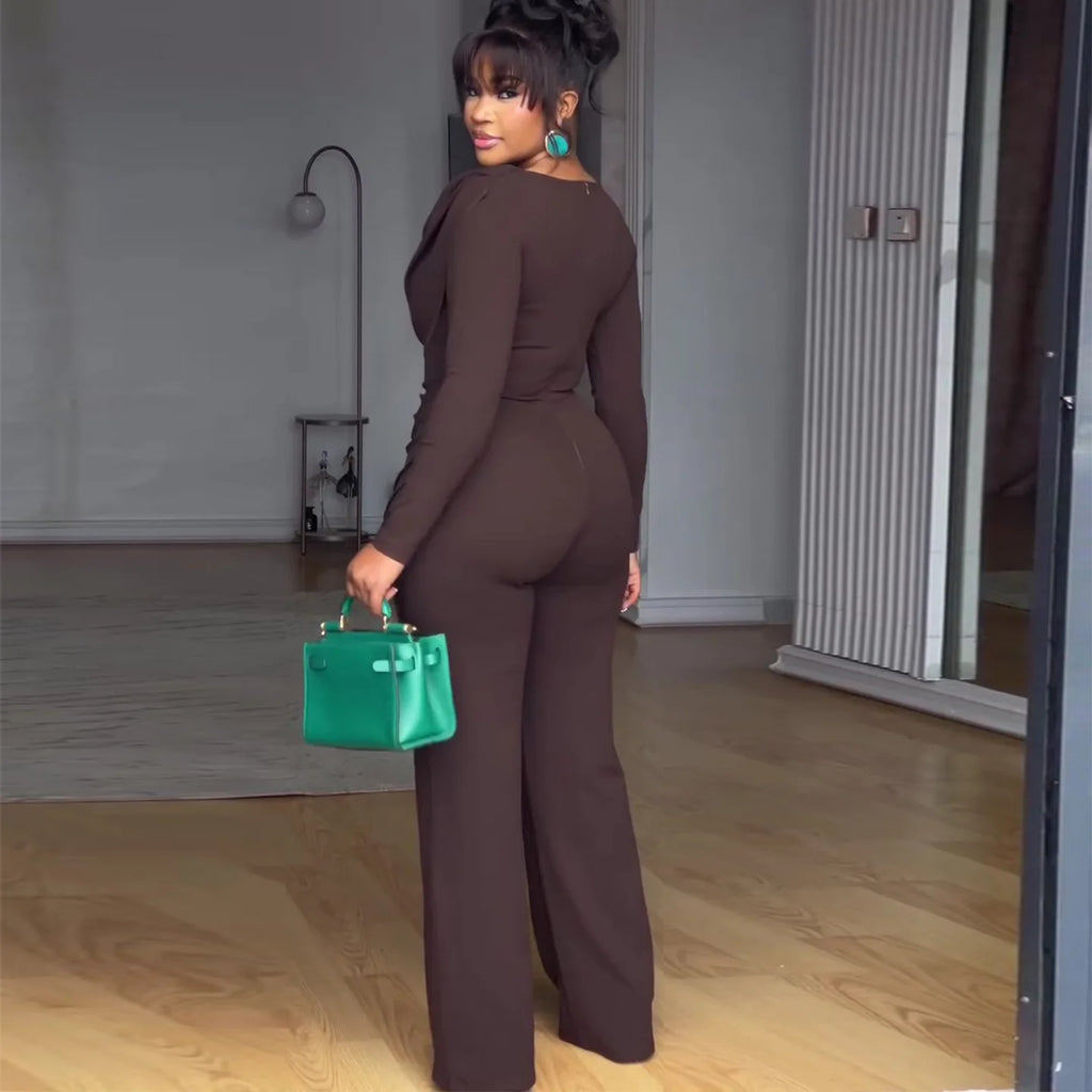 Women's Swing Collar Ruched Long Sleeve Jumpsuit
