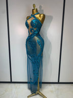 Women's Sexy Rhinestone Mesh Transparent Maxi Dress