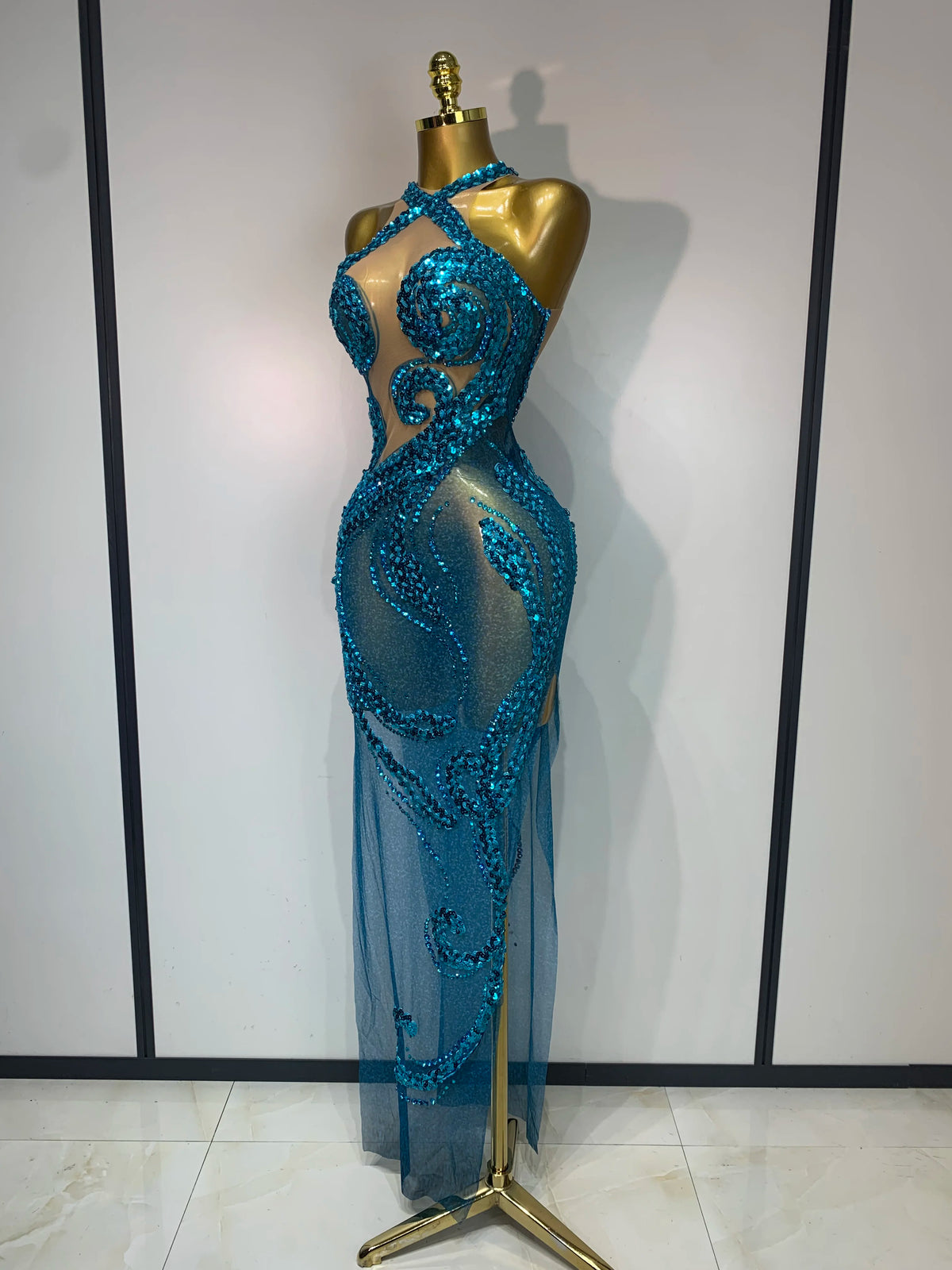 Women's Sexy Rhinestone Mesh Transparent Maxi Dress