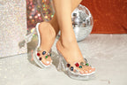 Transparent Rhinestone High Heel Platform Sandals 4.7in Square Toe Women's