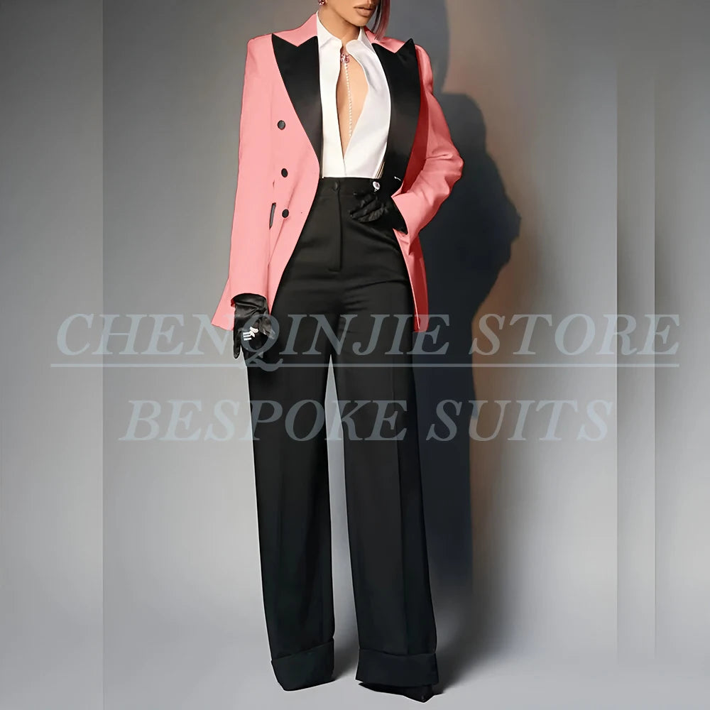 Women's Double Breasted Peak Lapel Slim Fit Pants Suit