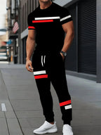 Men's Striped Print Round Neck T-Shirt and Pants Set