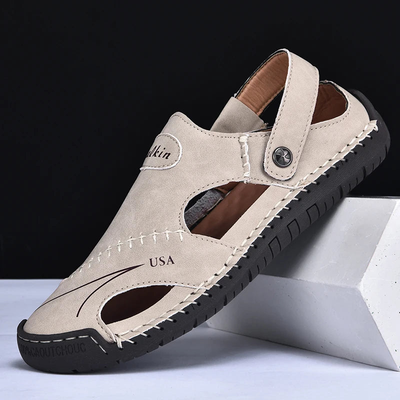 Abfuber Men's Casual Leather Sandals Breathable Hollow Out Shoes