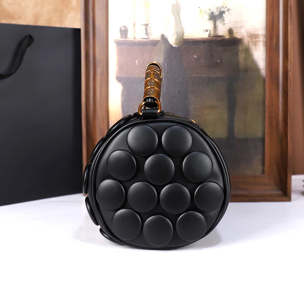 Women's Retro Button Leather Tube Bucket Shoulder Crossbody Bag