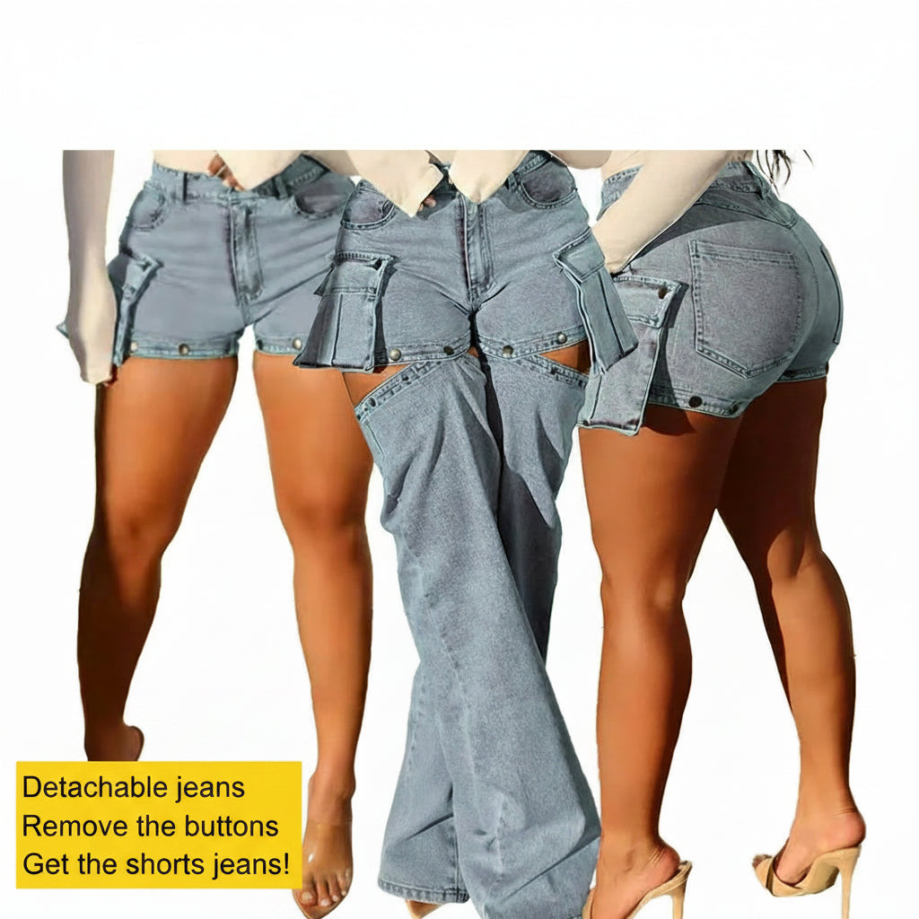 Straight Denim Pants High-Waisted Hollow Out Distressed Women