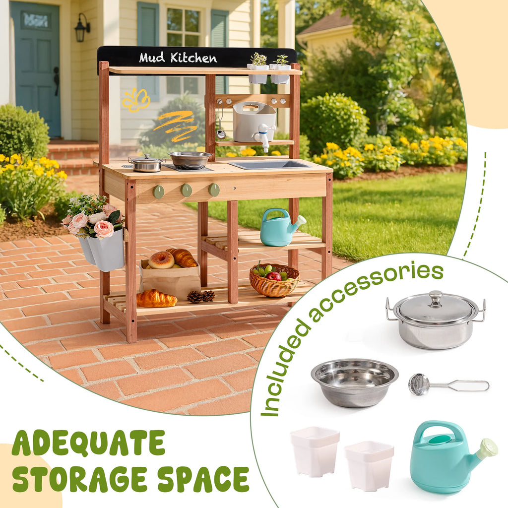 Kids Wooden Outdoor Mud Pretend Play Kitchen Toy Set WHXXX