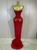 Women's Sexy Strapless Mesh Diamond Maxi Dress