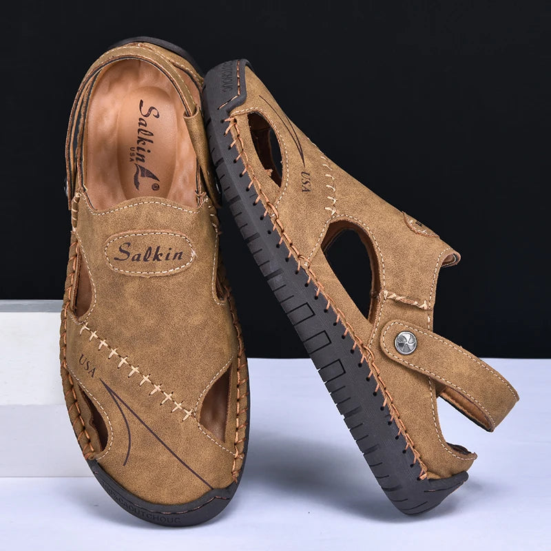 Abfuber Men's Casual Leather Sandals Breathable Hollow Out Shoes