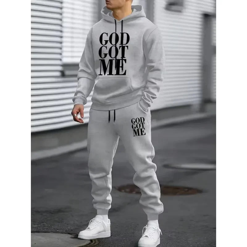 Men's Autumn Letter 3D Print Hoodie and Sweatpants Tracksuit Set