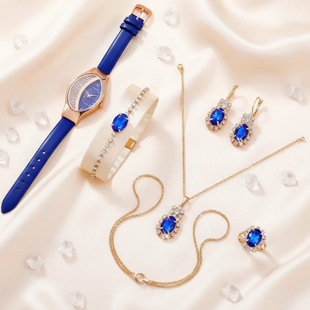 Women's Rhinestone Quartz Watch 6-Piece Jewelry Gift Set