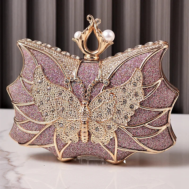 Hollow Butterfly Evening Clutch Bag with Sequins and Diamonds
