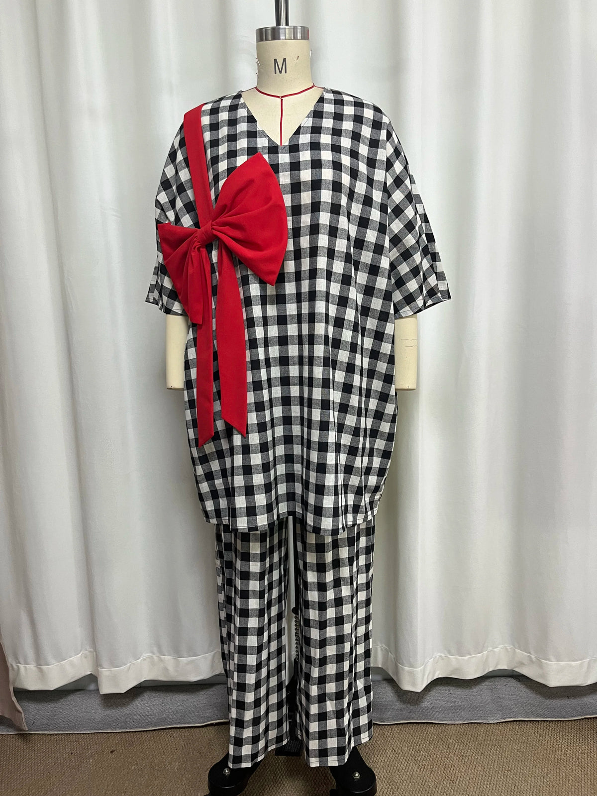 Women's Plaid Bow Tunic Top Wide Leg Pants Set