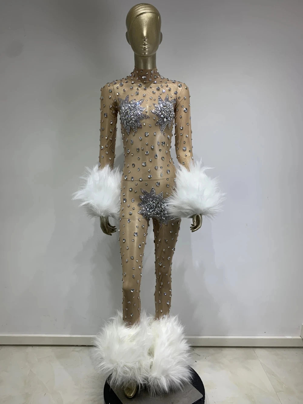 Women's Rhinestone Feather Mesh Jumpsuit