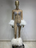 Women's Rhinestone Feather Mesh Jumpsuit