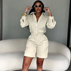 Women's Casual Long Sleeve Shirt and Shorts Two Piece Matching Set