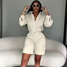 Women's Casual Long Sleeve Shirt and Shorts Two Piece Matching Set