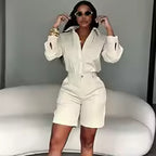 Women's Casual Long Sleeve Shirt and Shorts Two Piece Matching Set
