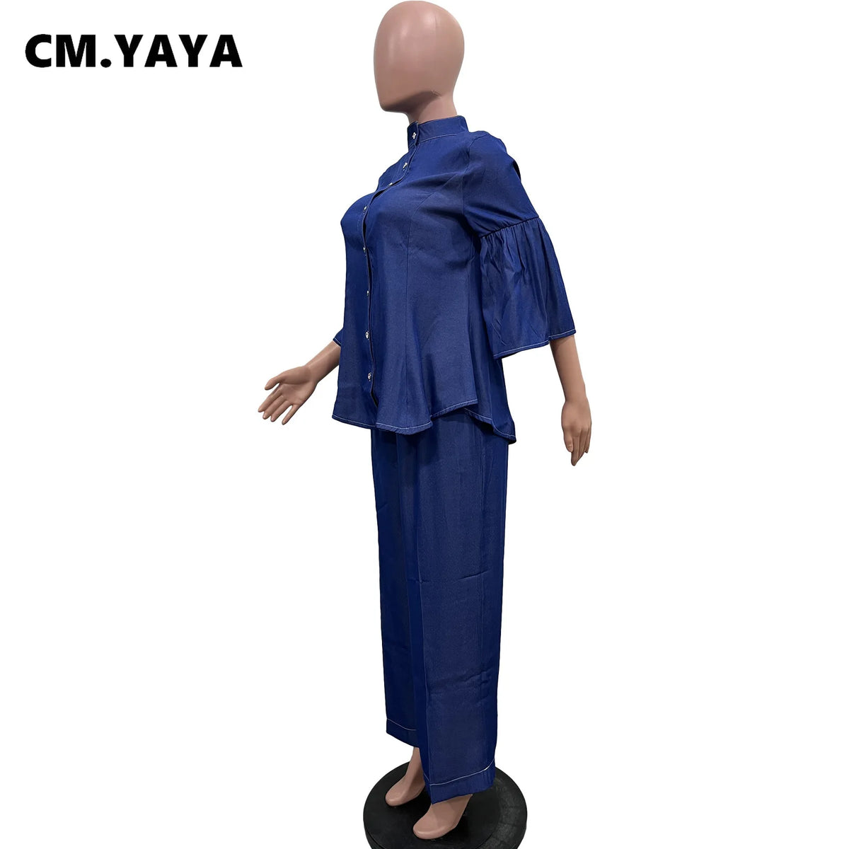 Women's Denim Style Flare Sleeve Top Wide Leg Pants Set