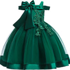 Girls' Flower Applique Bow Princess Ball Gown Dress