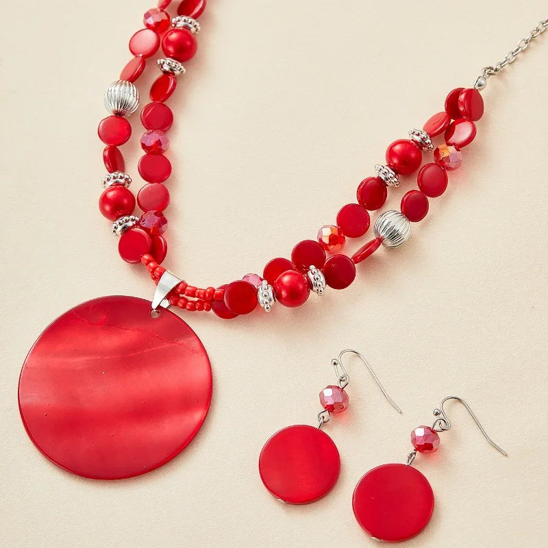 Women's Fashion Bohemian Ethnic Round Pendant Necklace and Earrings Set