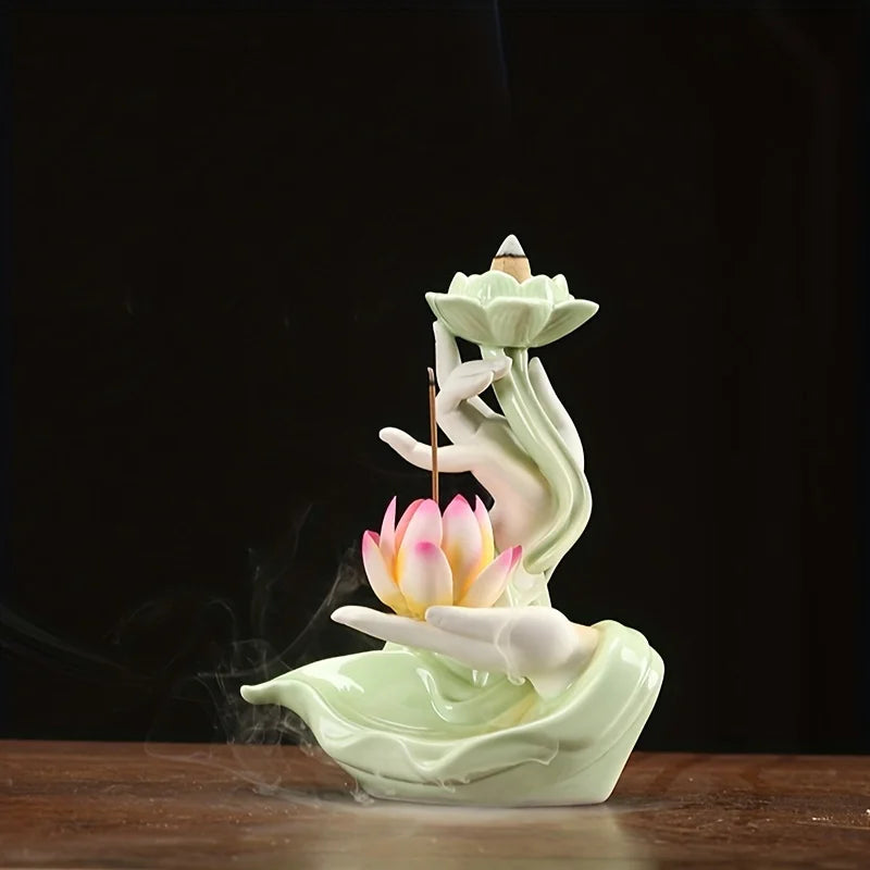 Buddha's Hand Lotus LED Backflow Incense Burner and Tabletop Ornament
