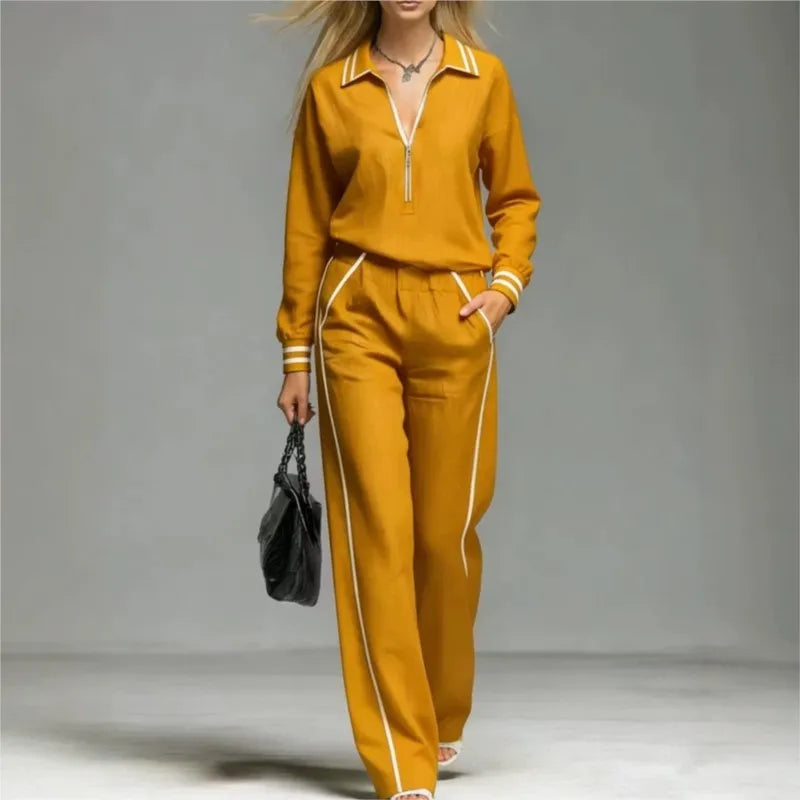 Women's Half Zipper Striped Sweatshirt Wide Leg Pants Set