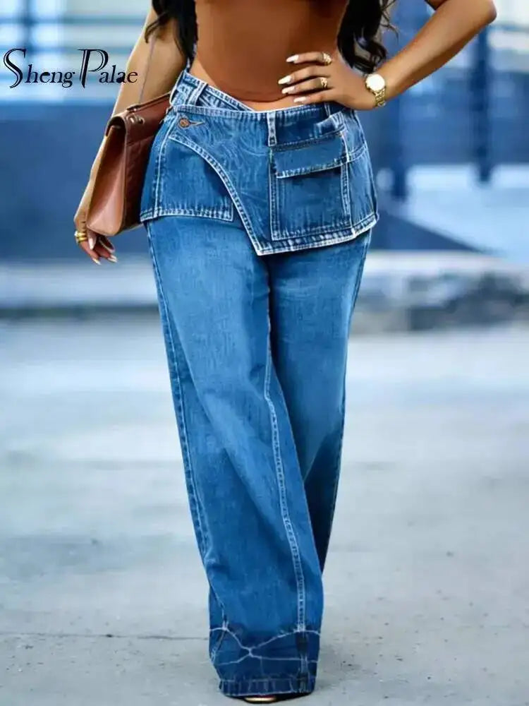 Women's Wide Leg Jeans High Waist Layered Denim Pants Blue