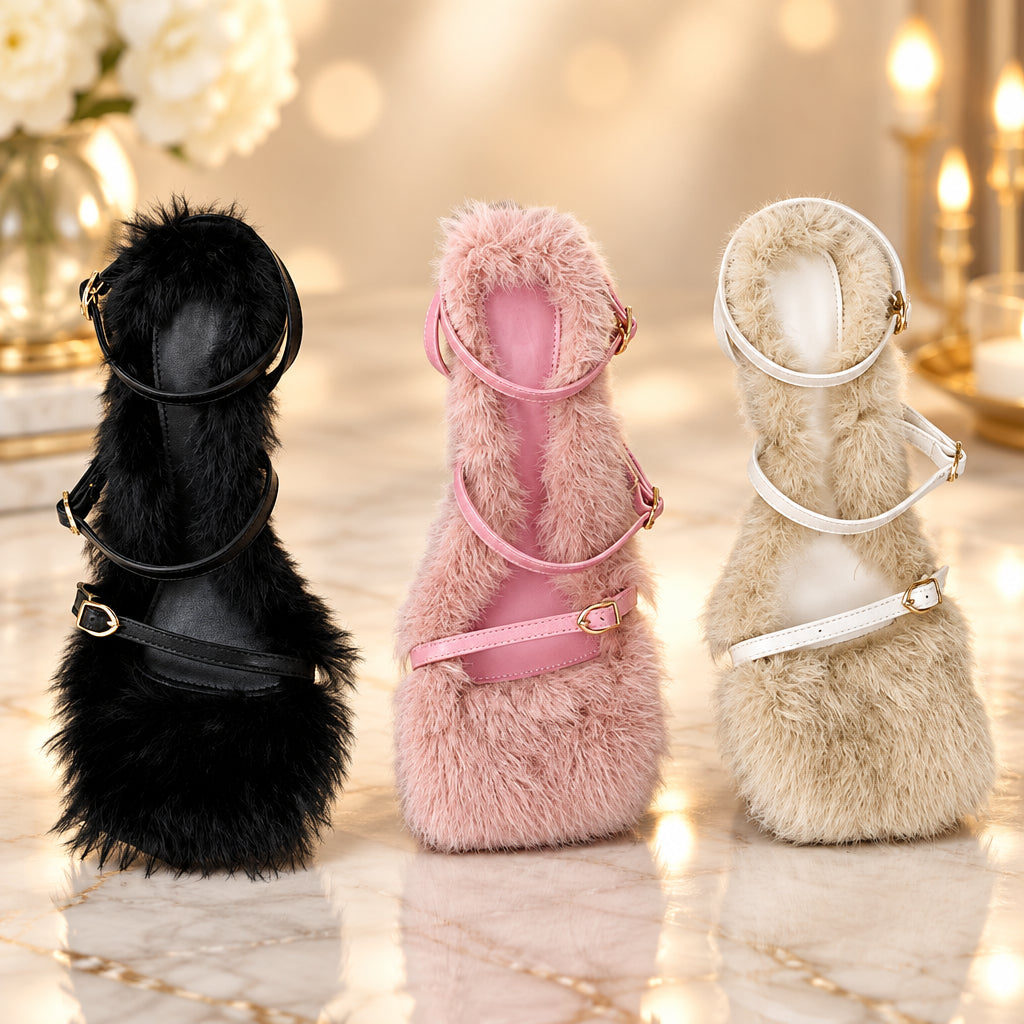 Women's Plush Fur Fuzzy Sandals Thin Heel Square Toe Ankle Lace-Up Buckle Strap Slides