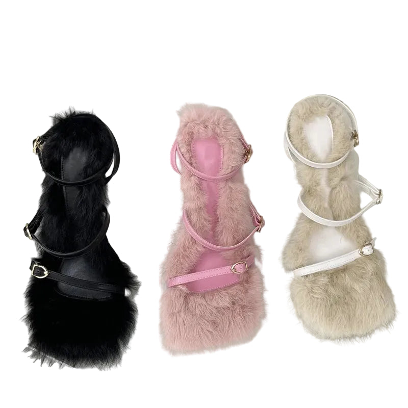 Women's Plush Fur Fuzzy Sandals Thin Heel Square Toe Ankle Lace-Up Buckle Strap Slides