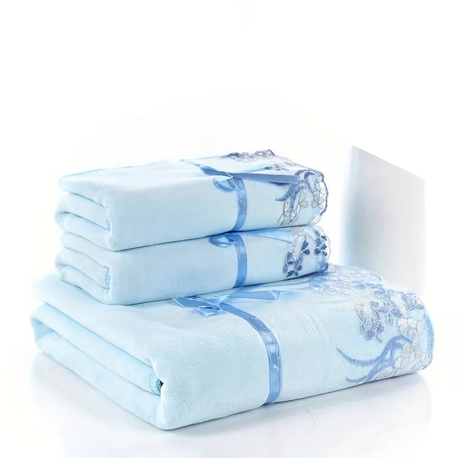 Luxury Lace Microfiber Bath Towel and Soft Absorbent Hand Towel Set