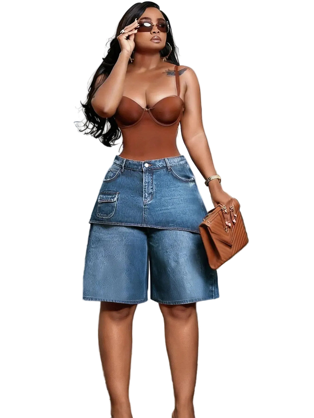 OKAYOASIS Women's High-Waisted Denim Cargo Shorts Vintage Streetwear Blue