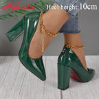 Women's Pointed Toe Gold Chain Ankle Strap 3.9 in Square Heel Pumps