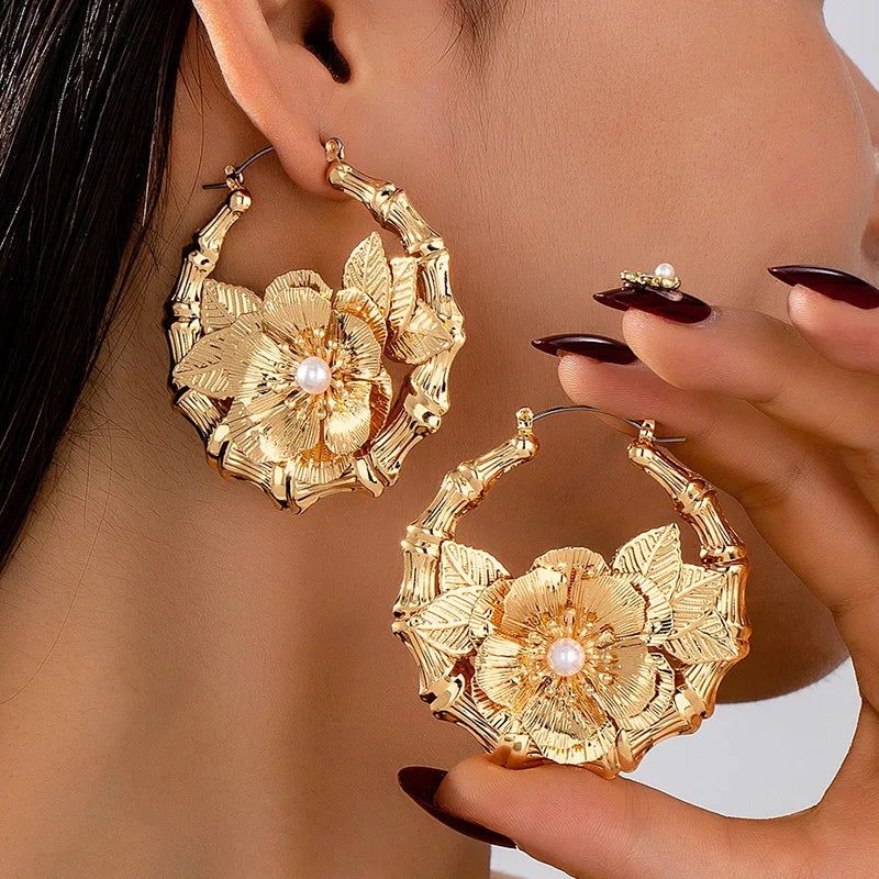 Women's Fashion Flower Imitation Pearl Large Hoop Earrings