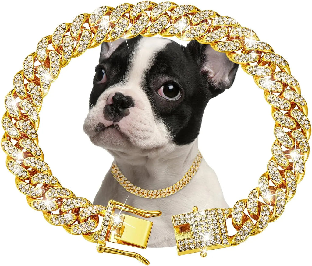 Luxury Gold Stainless Steel Dog Chain Collar with Jeweled Accents
