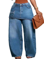 Women's Loose Fitting Fake Two Piece Wide Leg Denim Jeans Pants