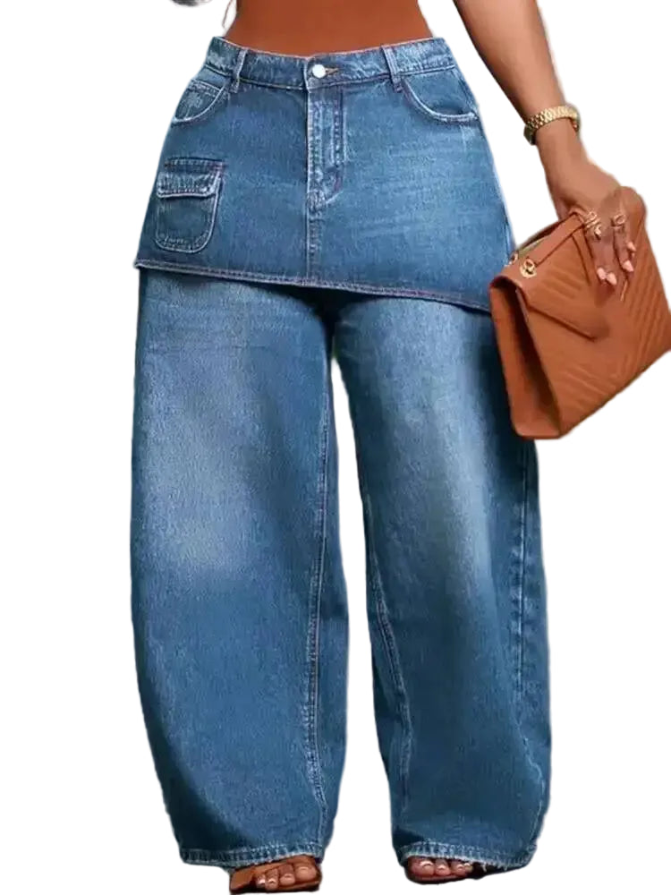 Women's Loose Fitting Fake Two Piece Wide Leg Denim Jeans Pants