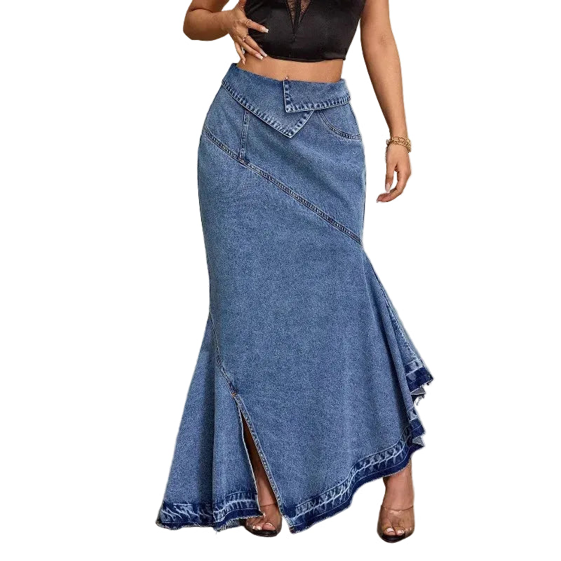 Women's Slim Fit High Waist Fishtail Denim Skirt Blue