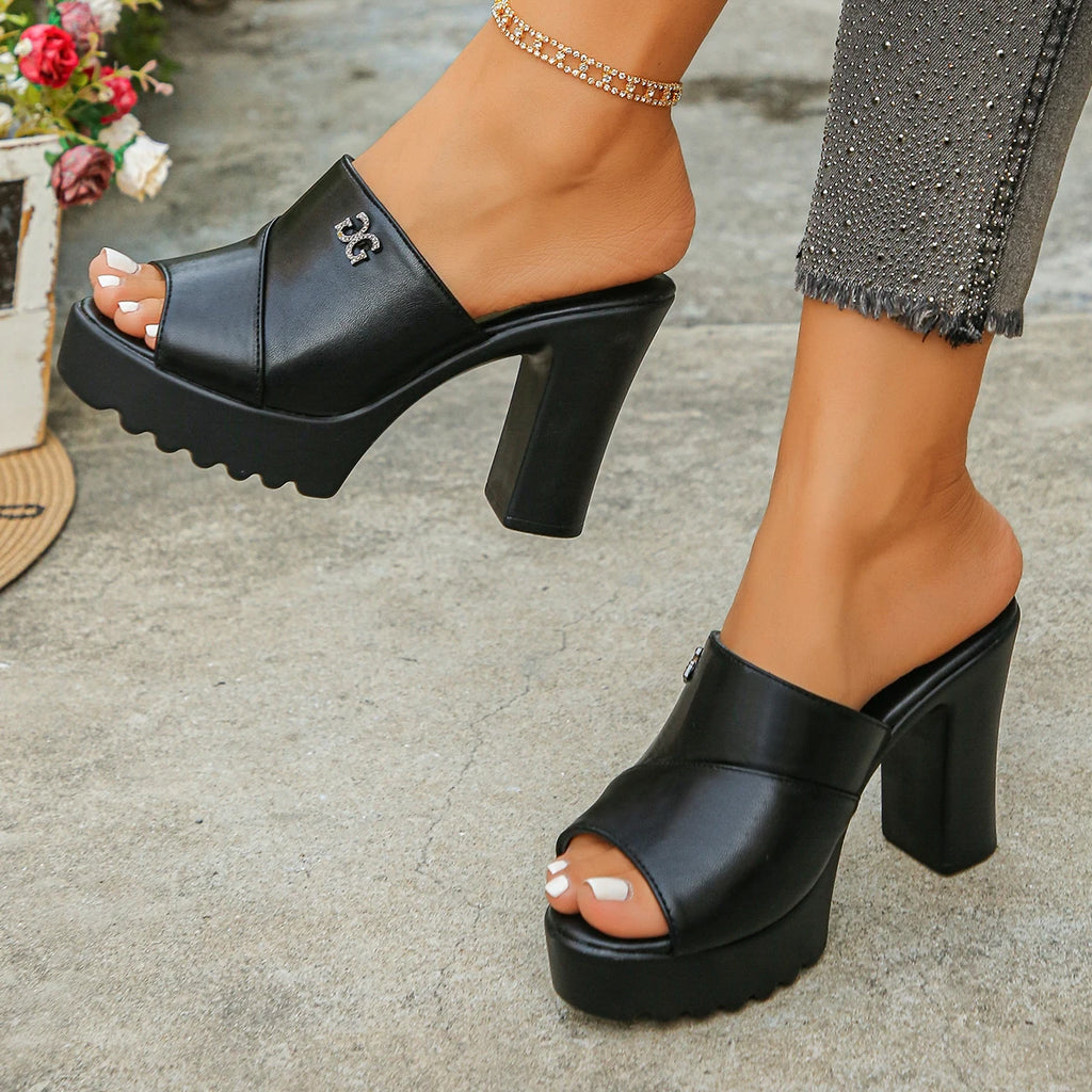 Women's Peep Toe Platform High Heel Slippers Square Black