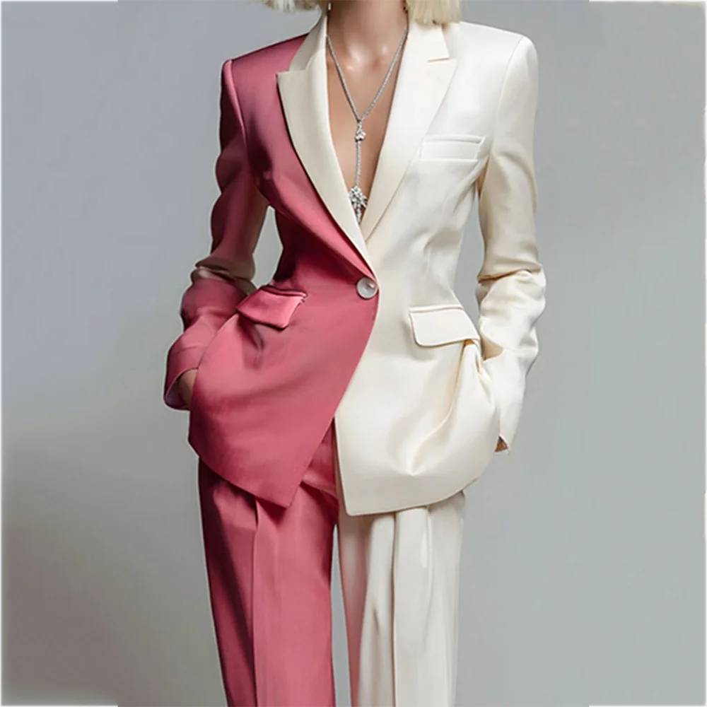 Women's Peaked Lapel Contrast Color Blazer Pants Suit