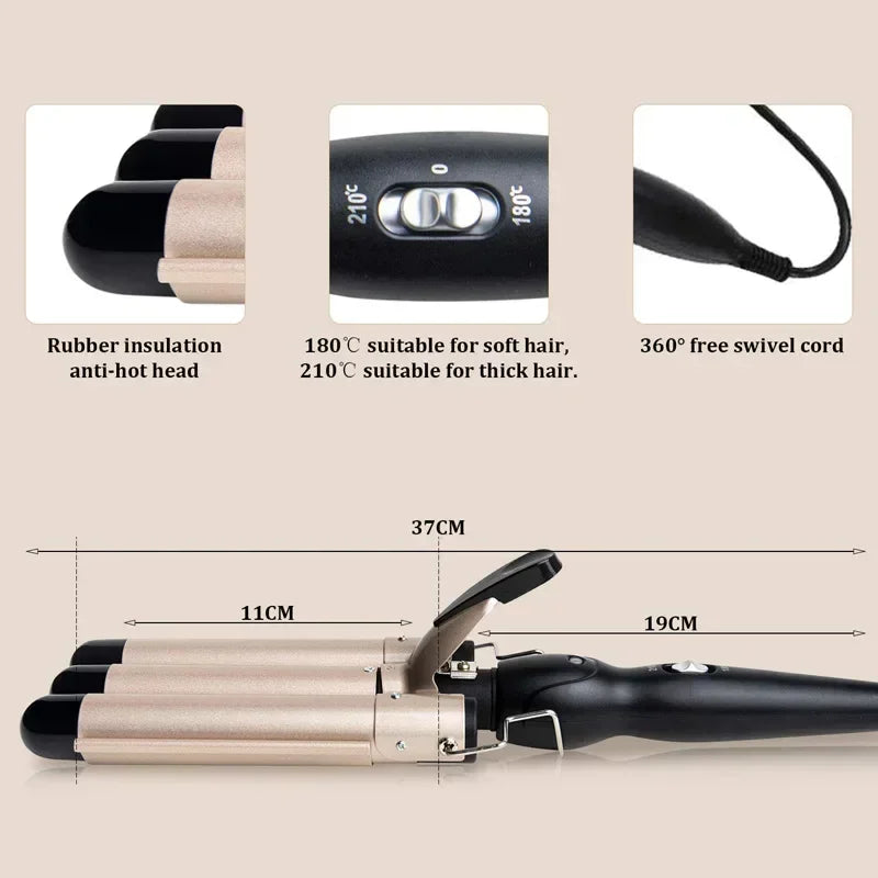 Triple Barrel Ceramic Hair Waver Curling Iron Temperature Control Styling Tool